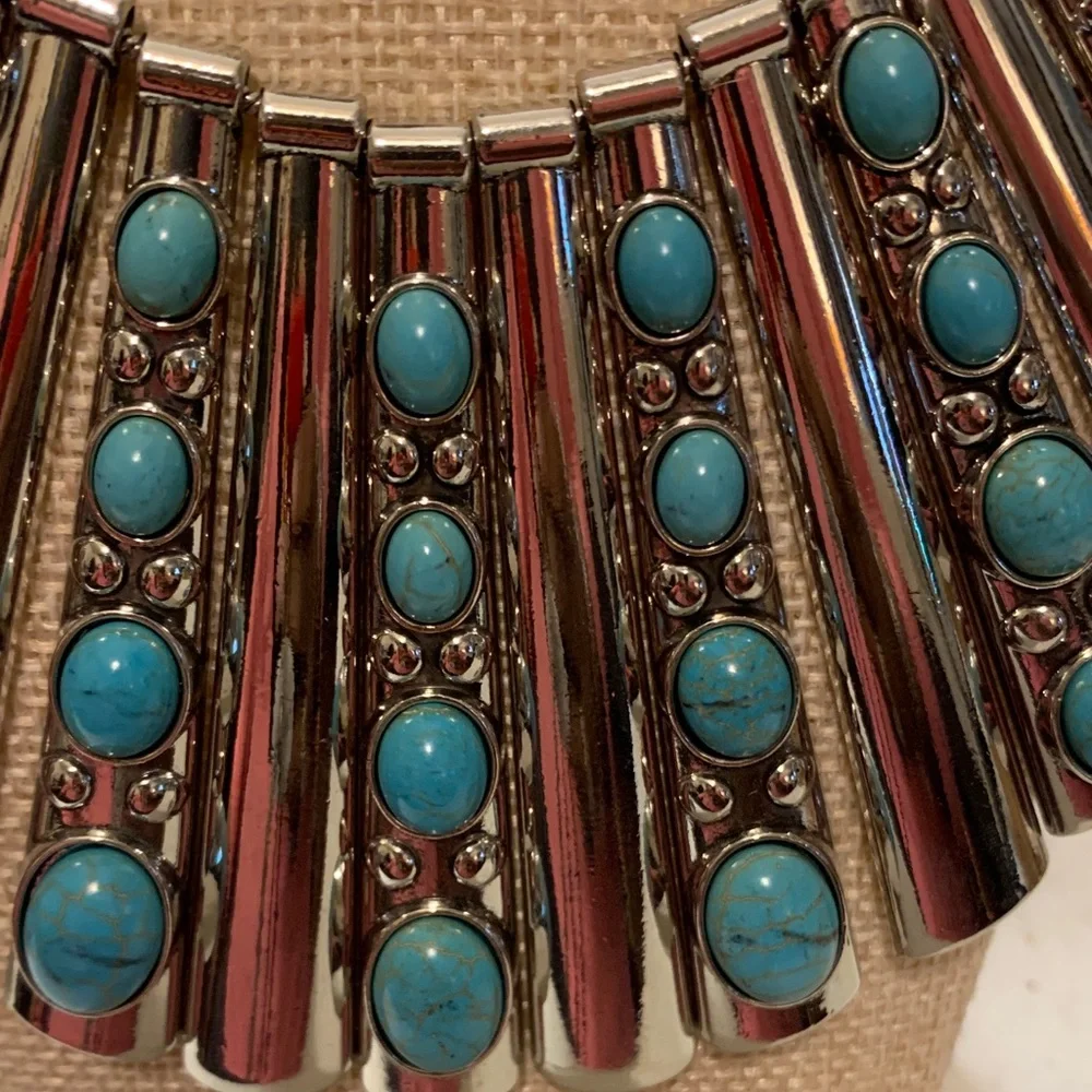 Turquoise and Silver Statement Necklace Set - Picture 2 of 5